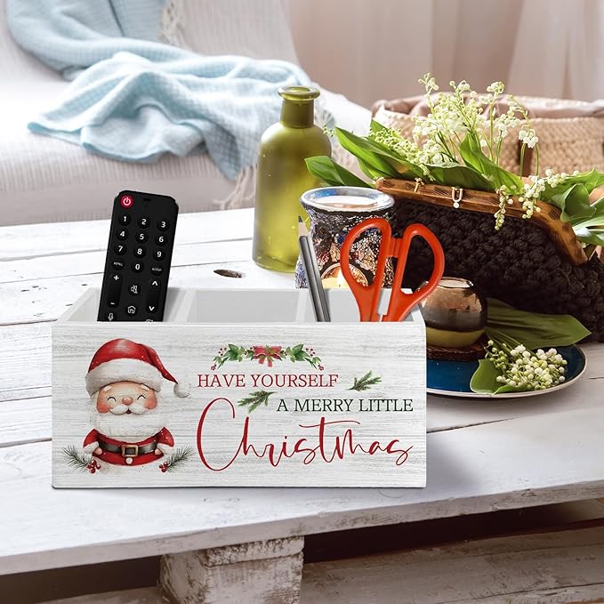 Christmas Santa Pen Pencil Holder Organizer for Desk Accessories, Winter Xmas Santa Claus Holiday Wooden Box Sign Desk Decor for Home Office Decoration, Christmas Office Decor