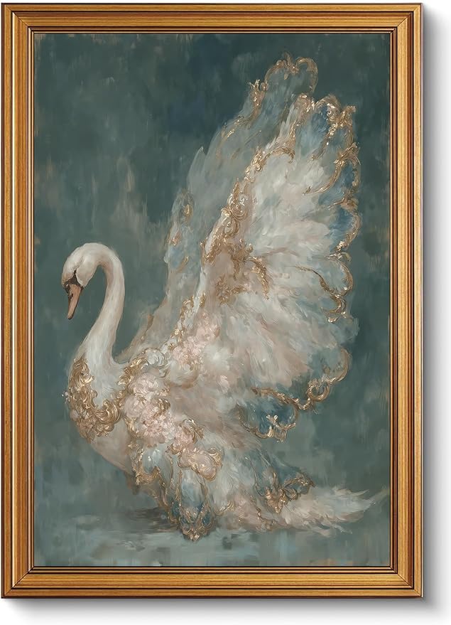 okudolit Gold Framed Vintage Swan Canvas Wall Art Print Luxury Animal Oil Painting Graceful Bird Artwork Picture Baroque Wall Decor for Living Room Bedroom and Office 16"x24"