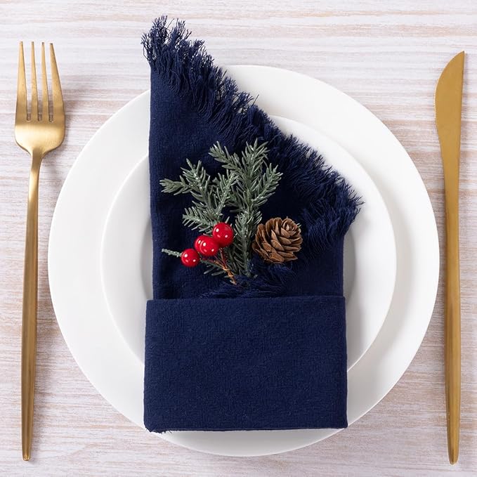 12 Pack Navy Blue Cotton Linen Napkins with Fringe Spring Cloth Napkins Set of 12 Boho Handmade Dinner Napkins Bulk for Wedding Bridal Baby Shower Valentine's Day, 17 x 17 Inches