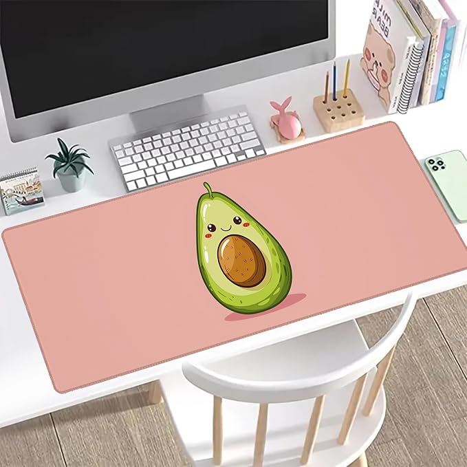 Avocado Gaming Mouse Pad, Office Desk Mat, Pink Background, Anti-Slip Rubber Base Cool Aesthetic Mouse Pads for Computer Laptop Keyboard Desktop Gamer Home Accessories Decor 31.5" x 11.8"