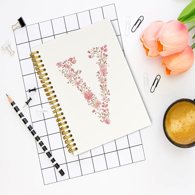 Pink Cute Spiral Notebook Journal, Preppy Floral Initial Letter V Personalized Journaling Notebooks, Monogrammed Gifts for Women Girls, Botanical Hardcover Spiral Lined Notebook 5.5 x 8.3