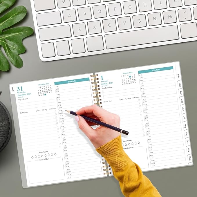 2026 Daily & Monthly Planner - One Page Per Day, Daily Planner from January 2026 - December 2026, Planner 2026 with 12 Monthly Tabs, 8.5" x 11", Teal Flower