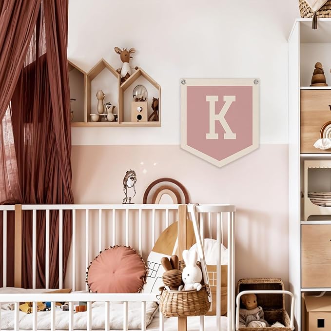 Lacama Baby Shower Decor Gifts, Pink Initial Personalized Preppy Banner, Baby Girl Nursery Decor, Initial Pennant，Vintage Room Decor Toddler Room Bedroom Playroom Front Door Birthday Gift(K)