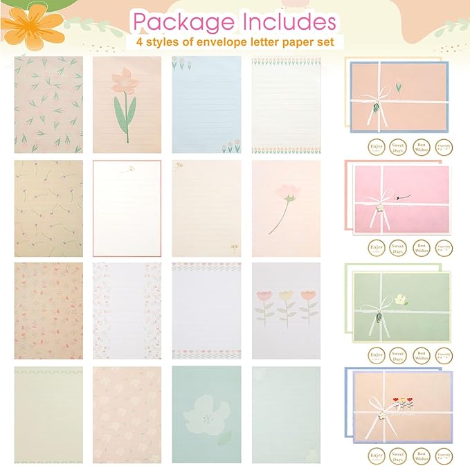 48 PCS Stationery Paper and Envelopes Set,Cute Floral Stationary Set for Writing Letters,Double Sided Printing,Letter Writing Kit