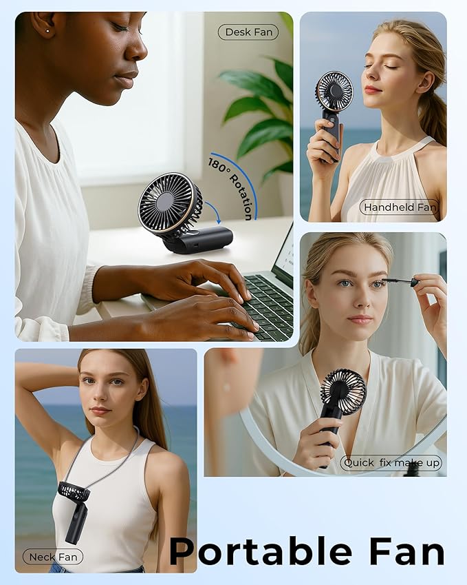 Portable Handheld Fan, Portable Fan Rechargeable, 4000mAh, 180° Adjustable, 6 Speed Wind, Display Electricity in Real Time, USB Rechargeable Foldable F an, Quiet Personal Fan as Power Bank