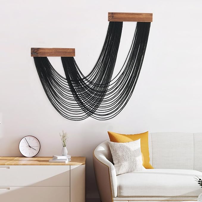 LB Black Macrame Wall Hanging, Boho Tapestry Wall Hanging Macrame Wall Art Handmade Yarn Woven Wall Art Modern Home Decor Headboard Wall Decor for Bedroom Living Room Dorm Nursery, 12x25 Inch