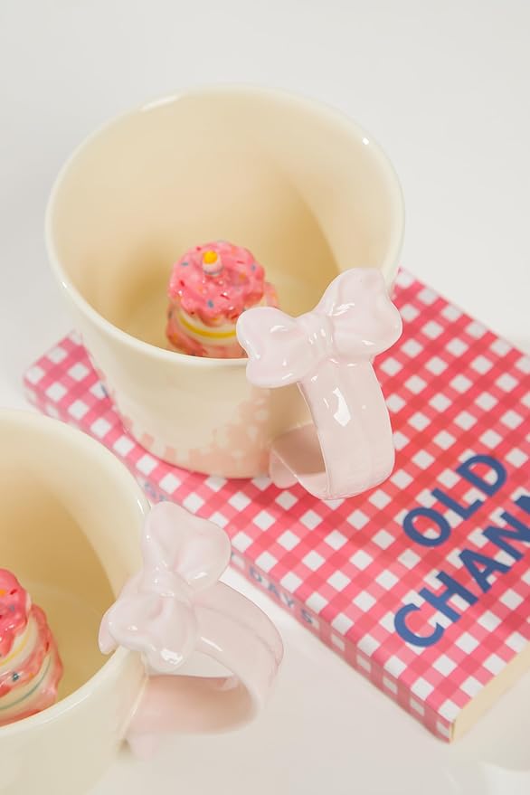DIHOclub Ceramic Coffee Mug with Birthday Cake & Bow Handle, Giftable Novelty Tea Cup for Birthday Anniversary (Cream)