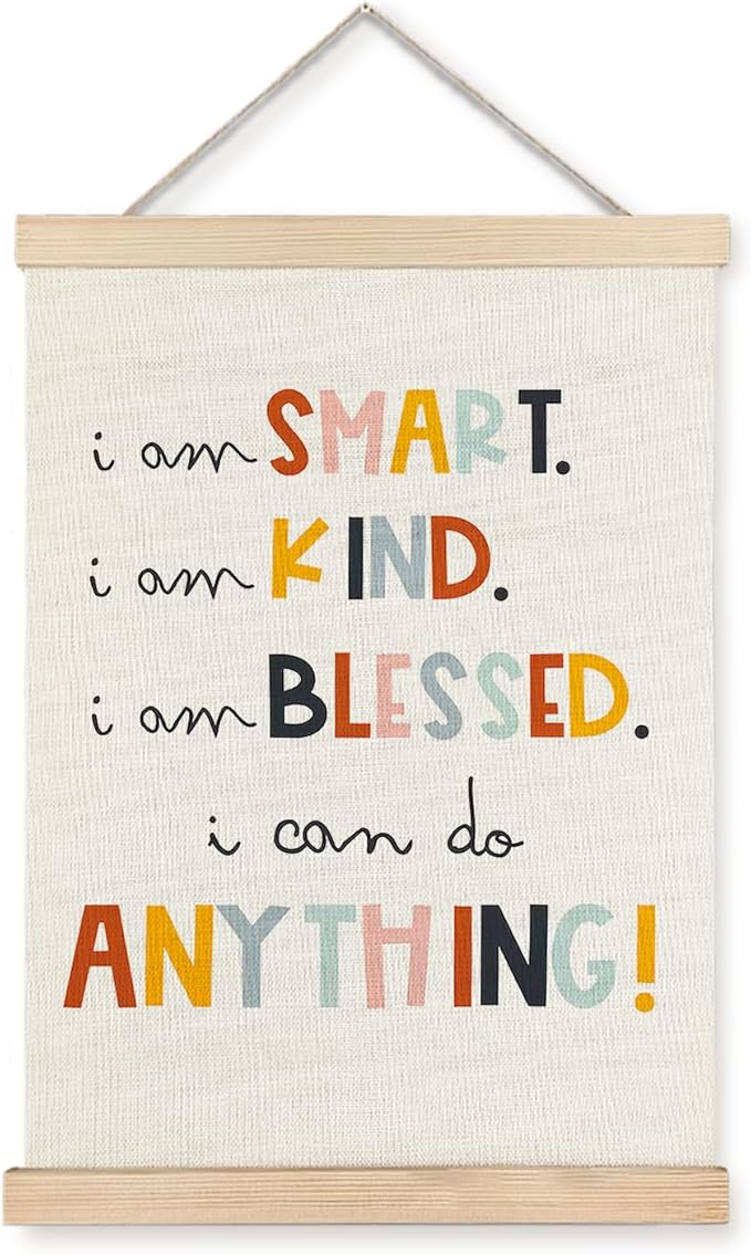 LUVADIAN Positive Affirmations for Kids, Kids Wall Decor, I am Smart Kind Blessed Motivational Poster Hanger Frame Wall Art for Classroom Playroom Nursery Girl Boy Room, 12x16 Inches