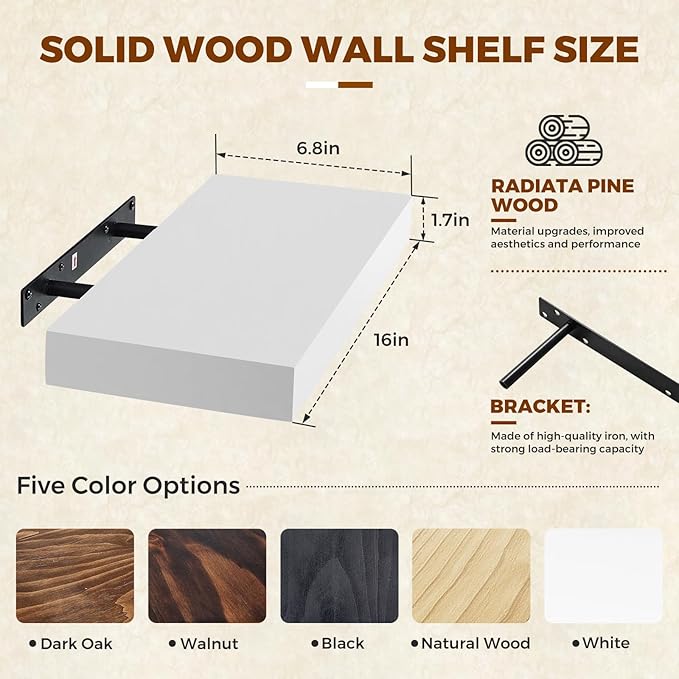 Floating Wall Shelf 16x6.8x1.7 Inch – Solid Wood Shelf in White Finish – Wall Mounted Rustic Display Organizer for Bathroom, Kitchen, Bedroom, Small Spaces – Set of 2