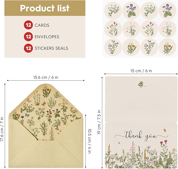 Artoid Mode 12 Pack Fall Wildflower Thank You Cards Floral Leaves Greeting Cards Gift With Envelope Sticker Blank Note Cards for Birthday Wedding Baby Shower Bridal Shower, 4 x 6 Inch