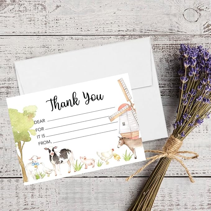 Andaz Press Kids Fill in the Blank Thank You Cards - 20 Cards Including Envelopes Farm Animals Gender Neutral Note Cards For Boys Girls Birthday Thank You Notes for Friends, Family Party Guests