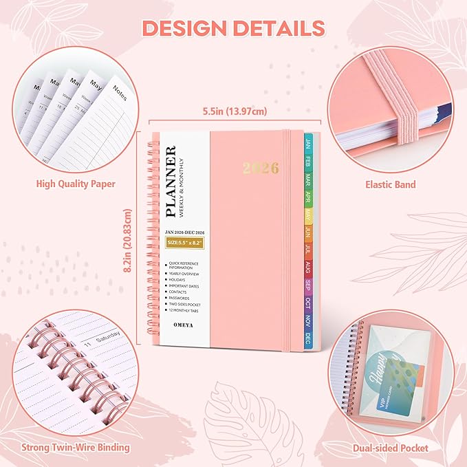 2026 Planner – 2026 Planner Weekly and Monthly: Jan. 2026 - Dec. 2026, 5.5" x 8.2", 2026 Calendar Planner with Monthly Tabs, Flexible Cover, Thick Paper, Inner Pocket for School Office Supplies(Pink)