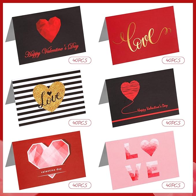 Yexiya 240 Sets Mini Valentine's Day Cards Assortment Bulk Love Heart Classroom Kids Greeting Foldable Wedding Flower Card with Envelopes and Stickers for Valentines Day