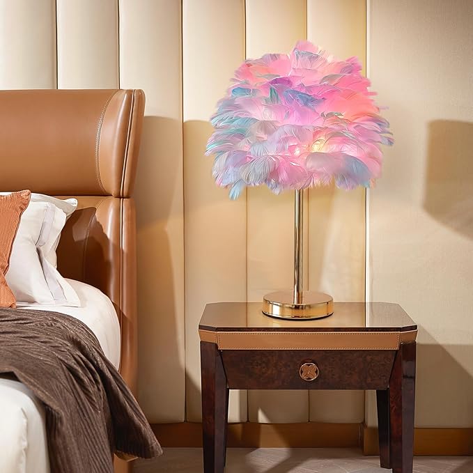 ZYLEIESENBAO Colorful Feather Lamp Creative Teen Feather Table Lamp Romantic Cute Girl Bedside Lamp Nightstand Light Pretty Fluffy Desk Lamp for Wedding Deco Bedroom Living Room Entryway Hotel