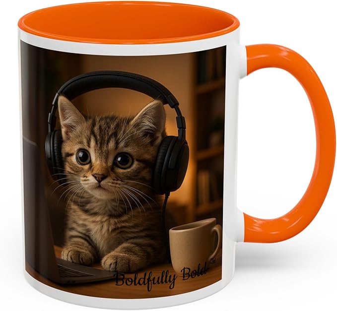 Adorable Cat Coffee Mug, Cute Kitten with Earphones, Pet Lover Gift, Tea Cup, Animal Lover Mug, Coffee Cup