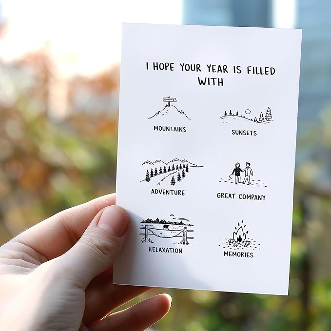 (5.3x8in) Hope Your Year Is Filled With Adventure New Year Card with Envelope, Minimalist Black and White Line Art Greeting, Inspirational Holiday Card for Friends, Family, Coworkers (Xmas 39)