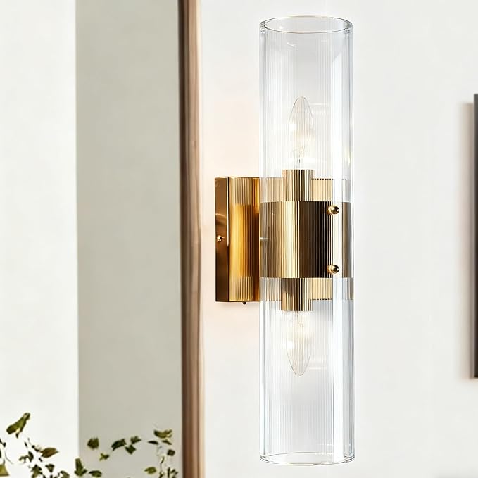 Modern Fluted Glass 2-Light Wall Sconce - Perfect for a Hallway or flanking a Painting or Bathroom, Bedroom Wall Sconces