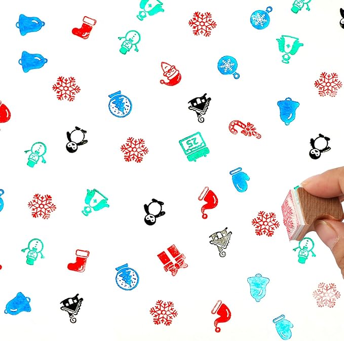 HOWAF Wooden Christmas Stamps for Kids Crafting Card Making, Stamps Pack for DIY Painting Christmas Party Bag Fillers Favor Supplies Xmas, with Ink Pad