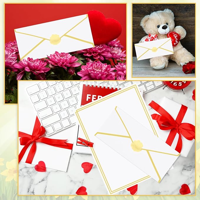 30 Pack Stationery Paper Set with Gold Border Including #10 Business Envelopes and 8.5x11 Paper Sheets 30 Gold Stickers for Love Letters and Party Invitations (White)