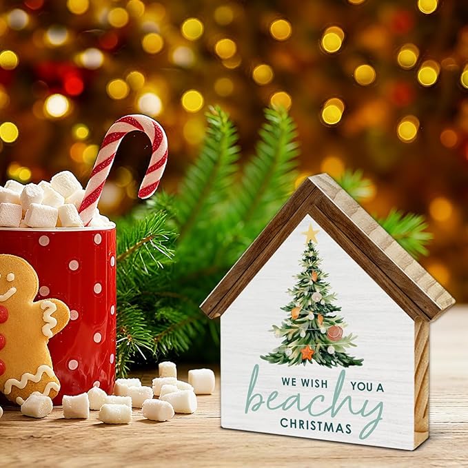 Beach Christmas Decorations, We Wish You a Beachy Christmas House Shaped Wood Sign, Coastal Beachy Xmas Decor for Home