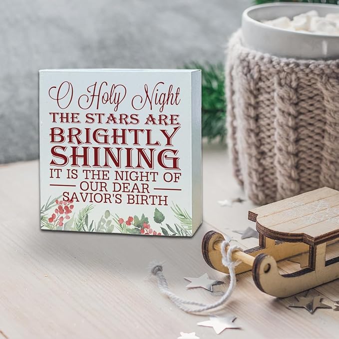 Christmas Christian Wooden Desk Decor Sign, O Holy Night The Stars Are Brightly Shining Wooden Box Sign, Religious Holiday Tabletop Home Plaque, Christmas Decoration 5x5 Inches