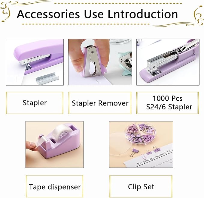 Office Supplies Set,Desk Accessories,Stapler and Tape Dispenser Set,1000 Staples,Staple Remover,Hinder Clips,Scissor,Index Tabs,Clear Tape,Ballpoint Pen,Coworkers(Purple)