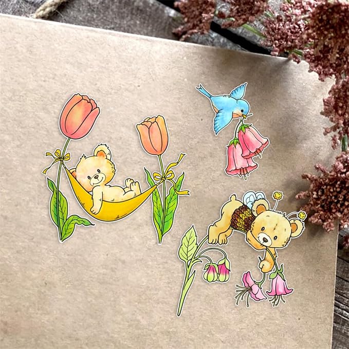 Spring Flower Bear Stamps and Cutting Dies for Card Making DIY Transparent Silicone Clear Stamp and Metal Die Cuts Sets for Scrapbooking Paper Greeting Cards Decor Seals Craft Supplies