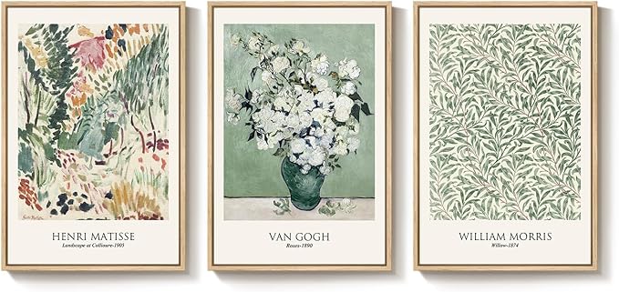 Framed Large Matisse Wall Art for Living Room, Set of 3 Vintage Sage Green Botanical Canvas Prints, Floral Plant Artwork for Bedroom, Hallway, or Home Office Decor, 24x36 Inch