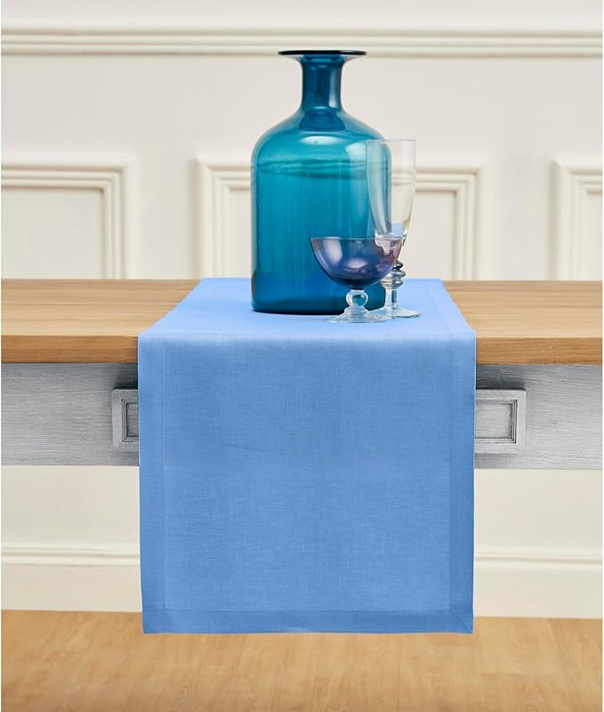 Solino Home Linen Table Runner 90 Inches Long - 100% Pure Linen Provence Blue Dining Table Runner 14 x 90 Inch - Fete - Winter, Spring, Easter
