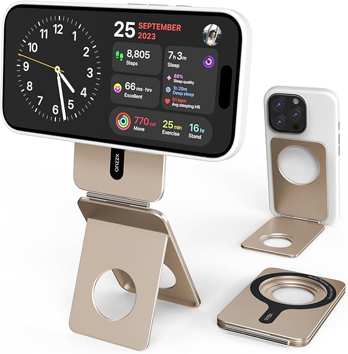 Cell Phone Stand,Adjustable Height and Angle Foldable Phone Holder for Desk, Aluminum Cell Phone Holder,Strong Magnetic Phone Stand Compatible with iPhone 16/15/14/13/12 Series (Desert Gold)