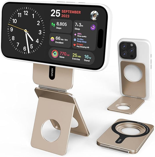 Cell Phone Stand,Adjustable Height and Angle Foldable Phone Holder for Desk, Aluminum Cell Phone Holder,Strong Magnetic Phone Stand Compatible with iPhone 16/15/14/13/12 Series (Desert Gold)