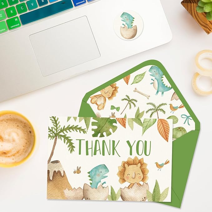 36 Pack Dinosaur Thank You Cards Cute Greeting Cards with Envelopes Stickers Blank Note Cards for Birthday Baby Shower, 4 x 6 Inch