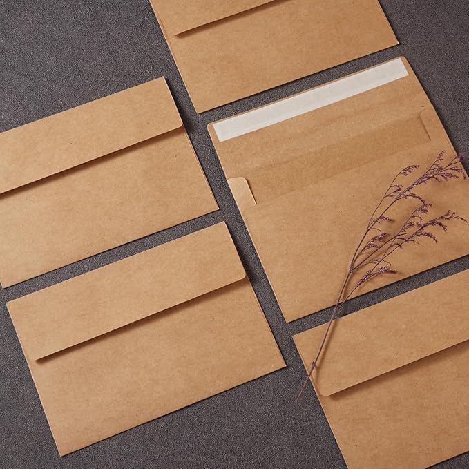 Wishop 50 Pack Self-Adhesive Envelopes with Fold Cards for Wedding Invitations, Greeting Cards, Baby Shower, Letter Mailing (Brown, 5x7)