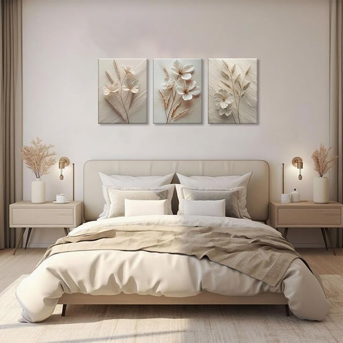 TUEASKY 3 Piece Canvas Wall Art Beige Wall Decor Floral Pictures Flower Art Prints Neutral Botanical Paintings Minimalist Artwork For Bedroom Living Room Office