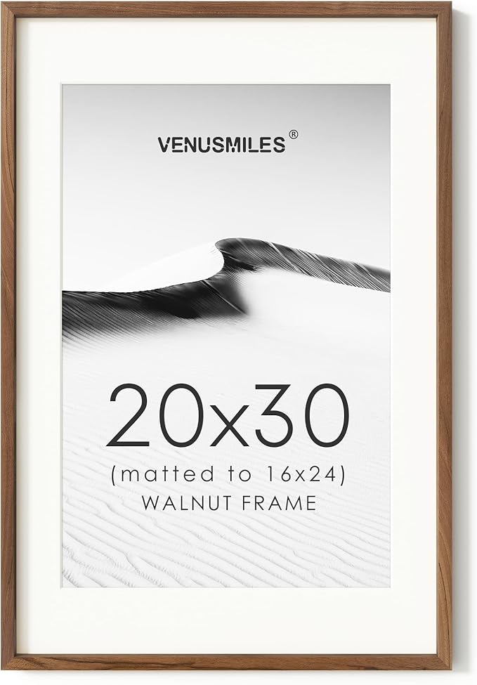 20x30 Poster Frame, USA-Sourced Natural Walnut Wood Picture Collage Frame with HD Tempered Glass, Modern Simple 20 x 30 Wooden Photo Frame Matted to 16x24, Vertical & Horizontal Wall Hanging Display