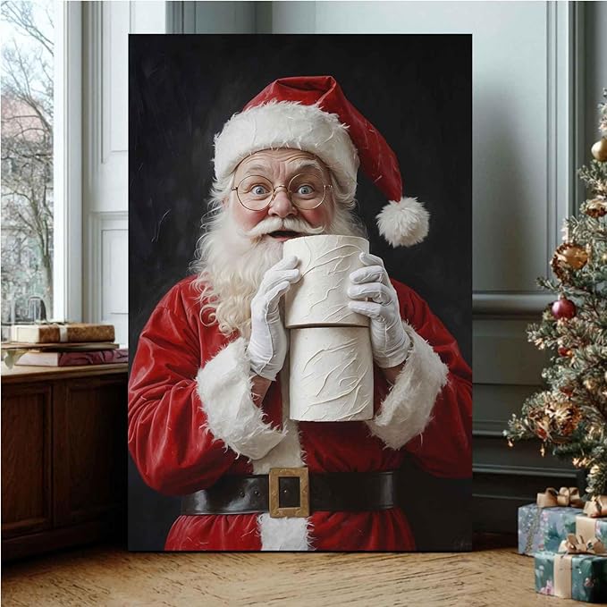 Santa Claus Canvas Print Santa with Toilet Paper Humorous Holiday Poster Holiday Evergreen Art Rural Art print Christmas Bathroom Canvas Painting Indoor Decor for Home Bathroom Living Room Funny