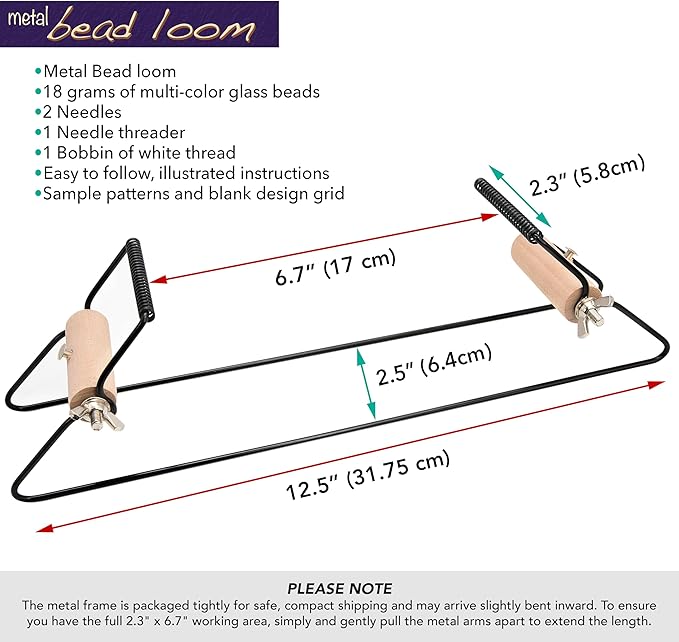 The Beadsmith Metal Bead Loom Kit, Includes Loom (12.5" x 2.5" x 3"), Thread, Needles, and 18 Grams Glass Beads for Bracelets, Necklaces, Belts, and More