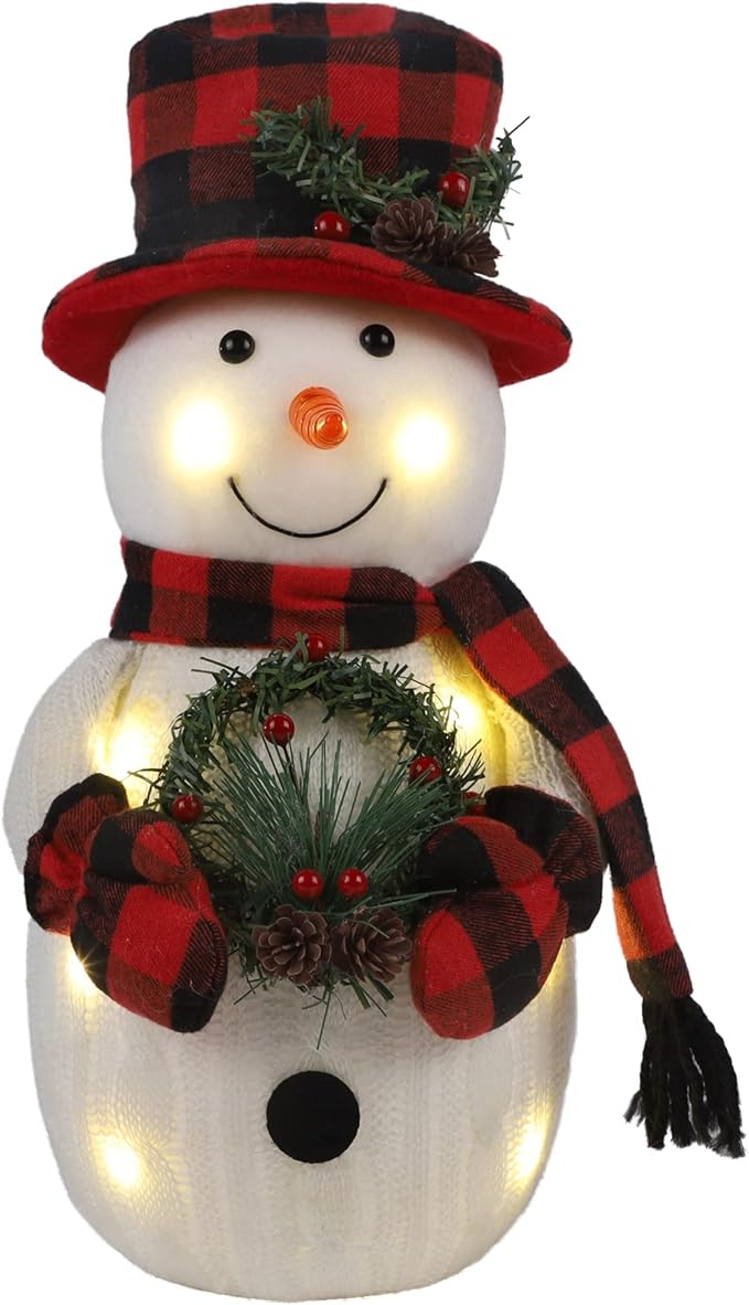 Christmas Lighted Snowman, 12" With Wreath Table Decorations, Red Black Plaid Xmas Decor for Home Kitchen Holiday Party