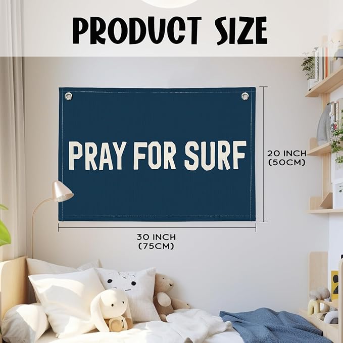 Surf Decor, Coastal Beach Room Decor Aesthetic, Linen Banner Wall Hanging Canvas Banner Flag Decor for Coastal Surfer Room Bedroom Beach - Navy Blue