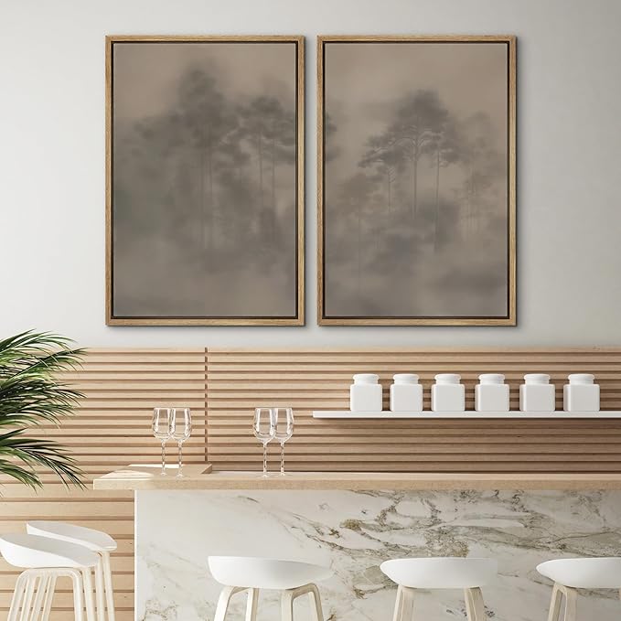 SIGNWIN Framed Canvas Print Wall Art Set Foggy Pine Forest Minimalist Monochrome Nature Illustrations Modern Art Scenic Colorful for Living Room, Bedroom, Office - 16"x24"x2 Natural
