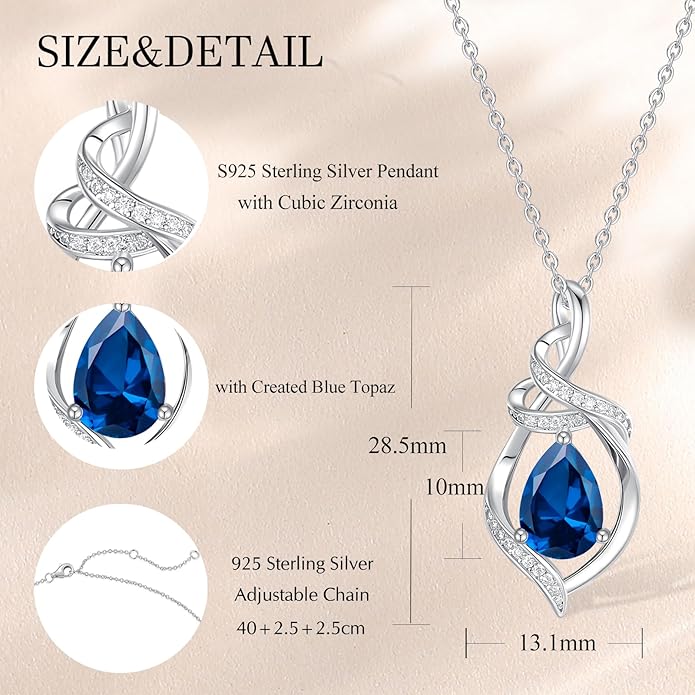 FANCIME Teardrop Gemstone Necklace for Women S925 Sterling Silver Elegant Ribbon Pendent Birthday Gifts for Her, 16"+2" Inches