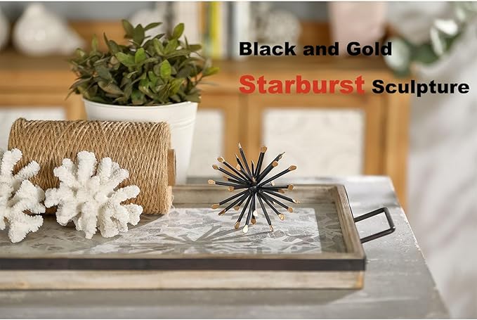 Retrome Black & Gold Sphere Decor, Metal Starburst Table Shelf Decor, Geometric Decorative Objects for Shelves, 3D Spike Decor Sculpture Home Decor Accents, 4.3”