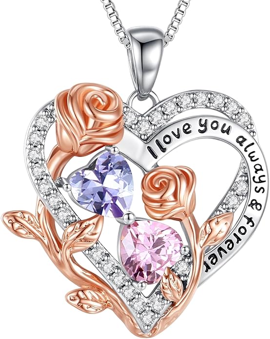 I Love You Birthstone Necklace, 925 Sterling Silver Heart Pendant with CZ Diamond Stones, Birthday Gifts for Women, Romantic Gift for Wife, Girlfriend, Her, Anniversary, Valentine's Day, Christmas