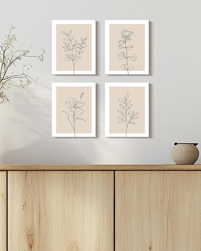 Drsoum Botanical Boho Framed Wall Art Wooded Minimalist Aesthetic Flower Prints Farmhouse Retro Plants Rustic Bathroom Kitchen Home Decor Ready to Hang 8x10inx4pcs (Framed)