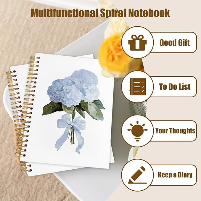 Coquette Bow Blue Hydrangea Notebook,Hydrangea Gifts, Aesthetic Hydrangea Flower Spiral Notebook Journal for Note Taking, Coquette Girly Office Supplies, 5.5x8.3 Inch