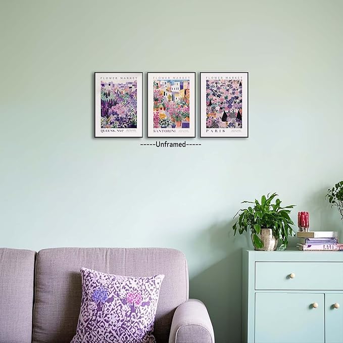 XLARTMY Flower Market Wall Art Prints Canvas Purple and Pink Floral Paintings Colorful Botanical Travel Flower Posters for Home Decor Pictures Set of 3 for Living Room Bedroom 12x16in Unframed