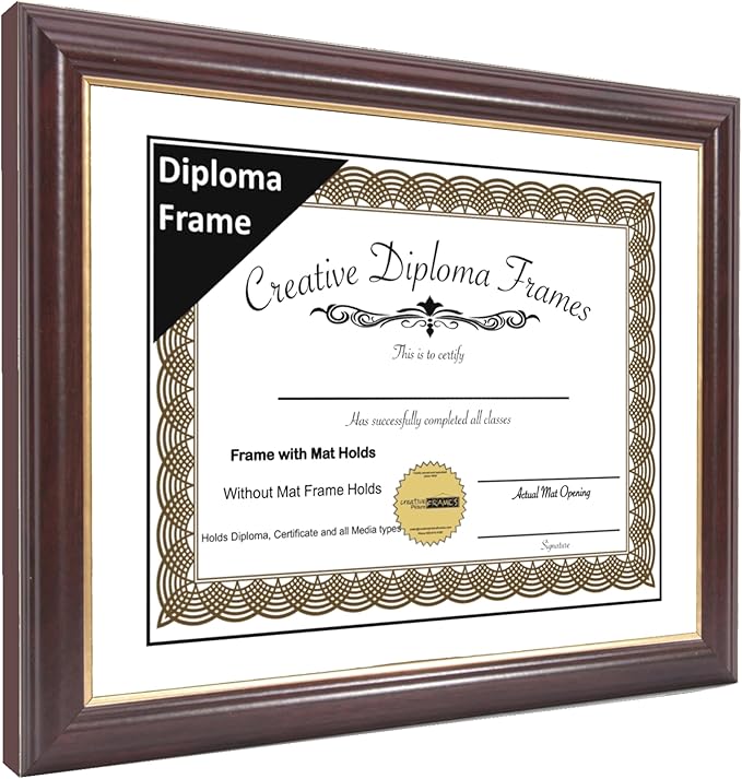 Creative Picture Frames 14x12 Mahogany Gold Rim Diploma Frame with White Mat Glass and Installed Wall Hangers | Frame Holds 14x18 Media without Mat