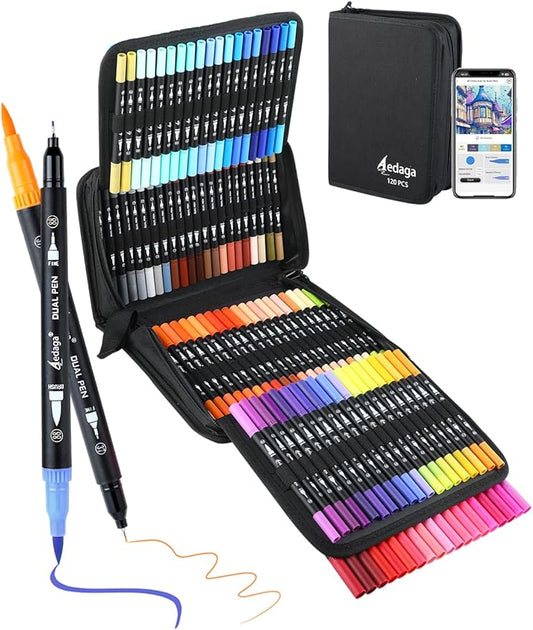 120 Colors Numbered Dual Tip Brush Pens with Free App, Fine and Brush Tips Pens for Adults and Kids, Coloring Markers for Coloring Book Bullet Journaling Note Taking Planner Hand Lettering
