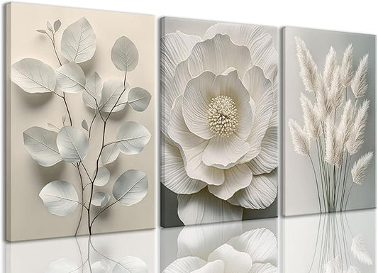 TUEASKY 3 Piece Canvas Wall Art Beige Wall Decor Flower Pictures Floral Art Prints Neutral Botanical Paintings Minimalist Artwork For Bedroom Living Room Office