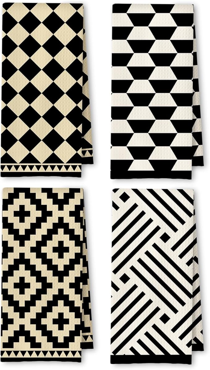 Beige Black and White Abstract Kitchen Towels, Neutral Dish Tea Towels for Kitchen Decor, Black and Cream Retro Mid Century Modern Decorative Hand Towel for Bathroom, 16x24 Inches Set of 4